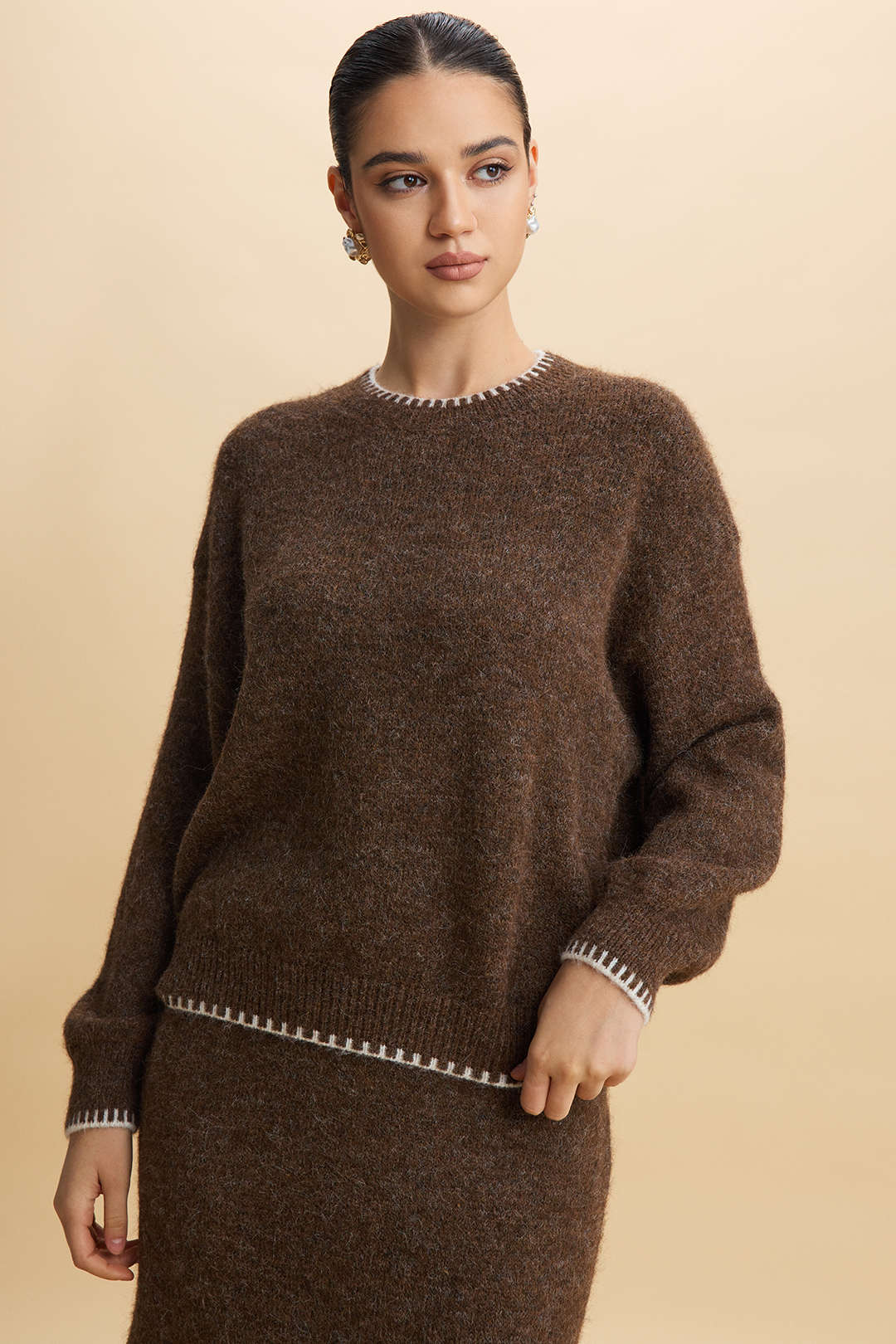 Knit Contrast Whipstitching Long-Sleeve Top And Skirt Set