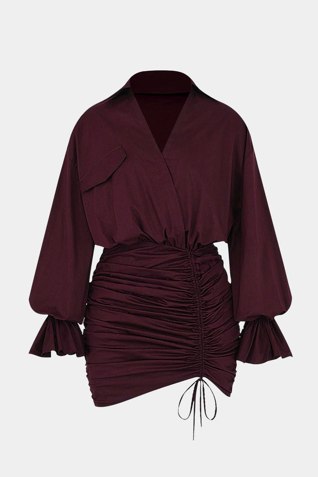 Plus Size Ruched V-Neck Drawstring Ruffle Long-Sleeve Mini Dress