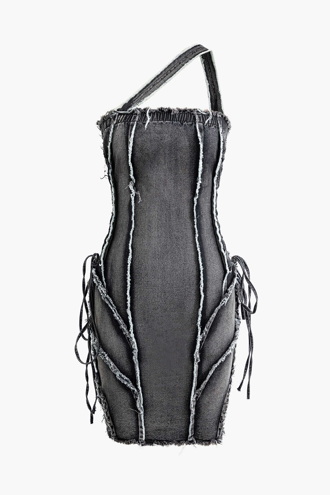 Asymmetrical Frayed Denim Mini Dress