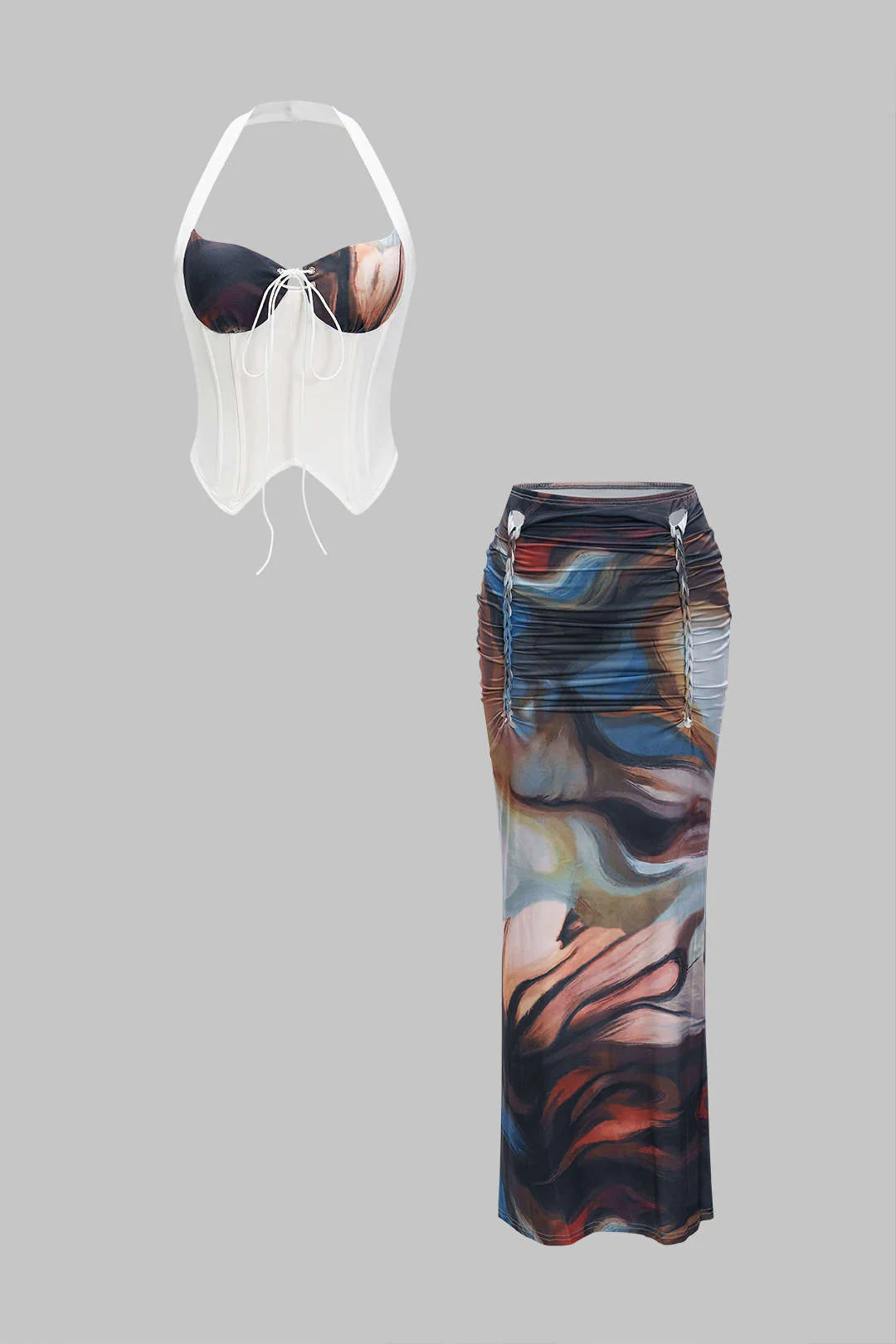 Halter Neck Bustier Drawstring Tank Top And Ruched Skirt Set