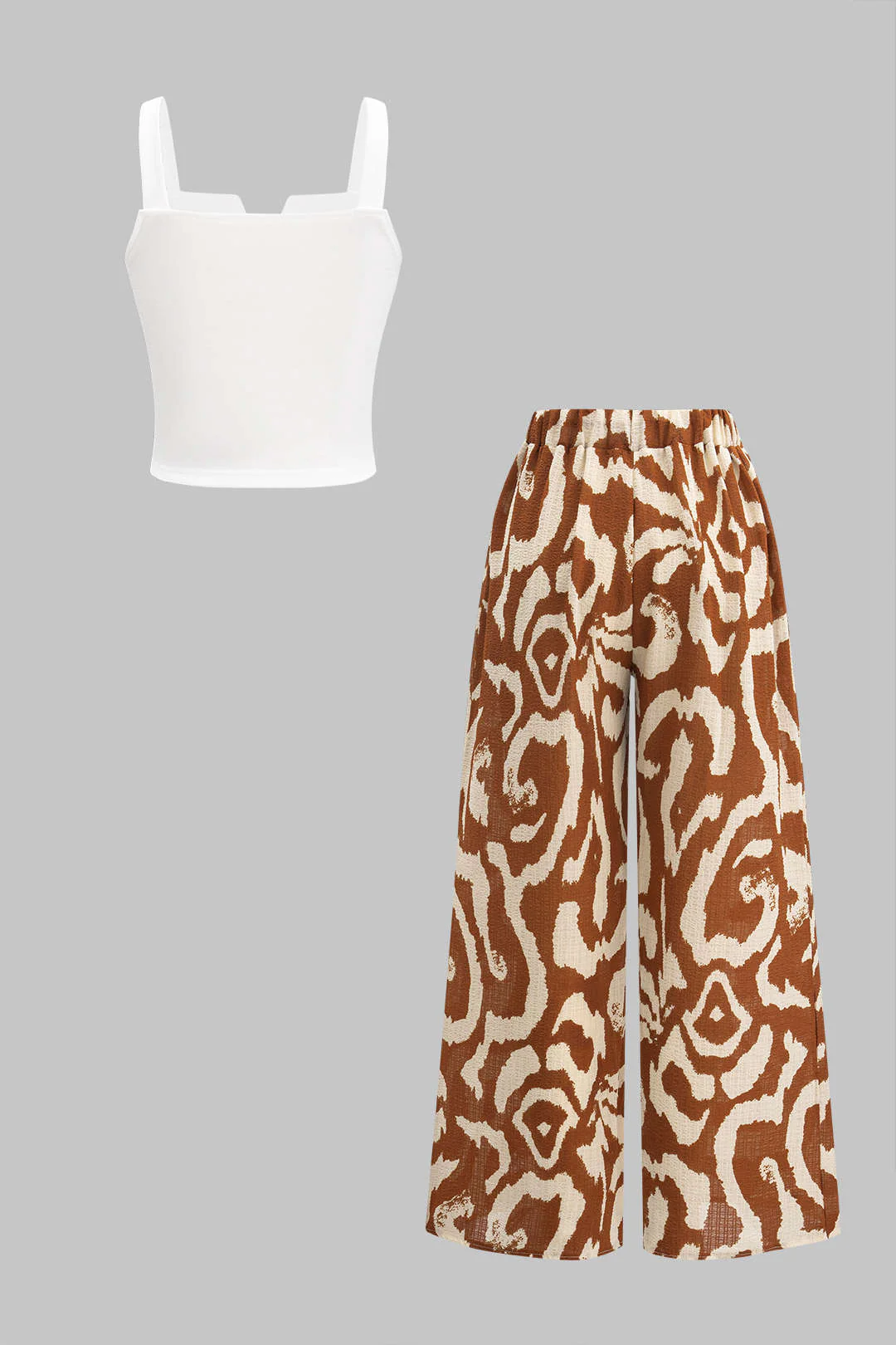 Sleeveless Tank Top and Tropical Pattern Contrast Wide Leg Trousers Set