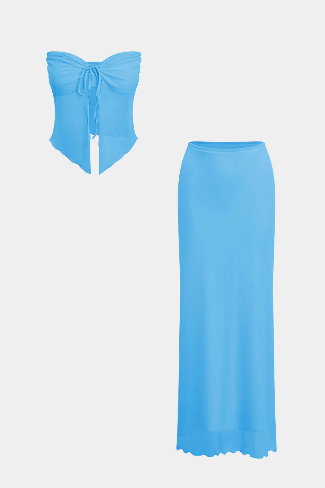 Ruched Sleeveless Double-Layered Mesh Split Strapless Top and Maxi Skirt Ensemble