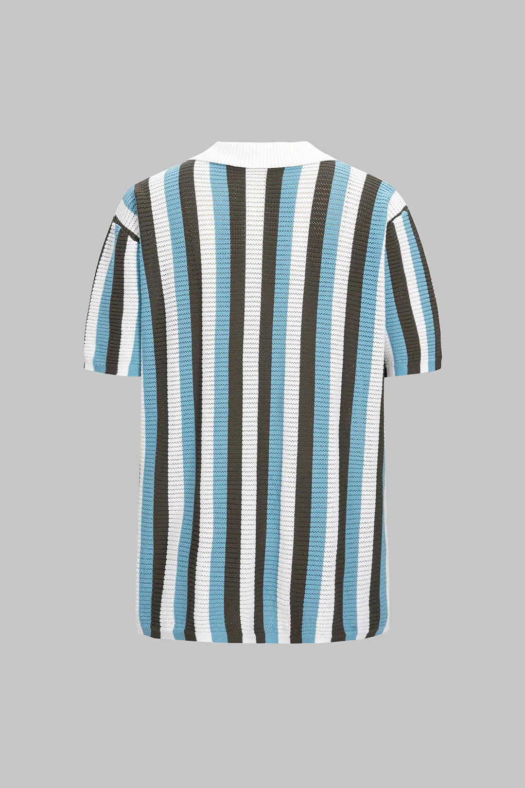 Color Block Stripes Print Knit Button Hollow Out Short-Sleeve Top