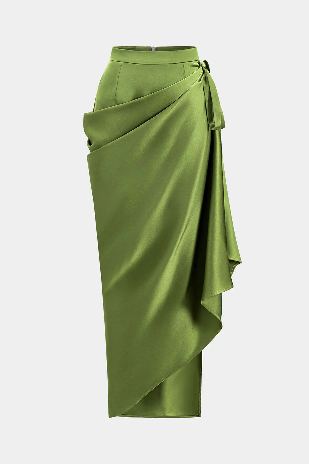 Satin Asymmetrical Ruched Tie Knot Zipper Skirt