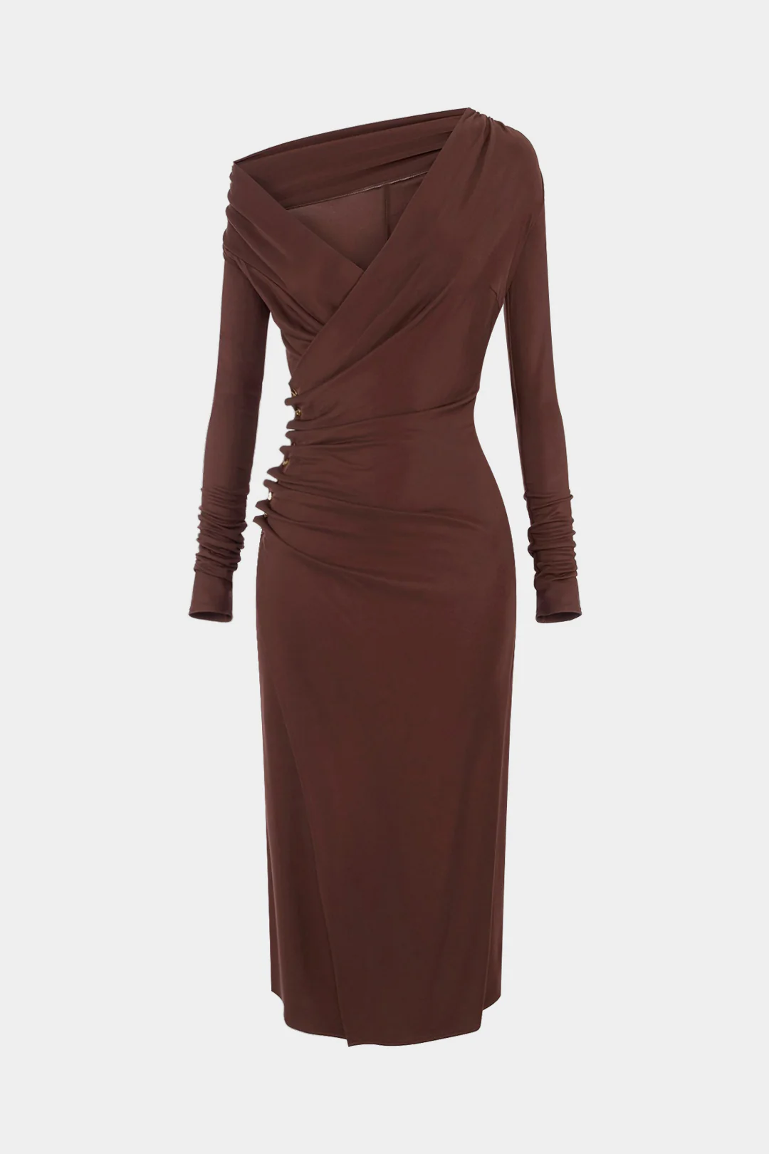 Asymmetrical Ruched Long Sleeve Floor-Length Dress