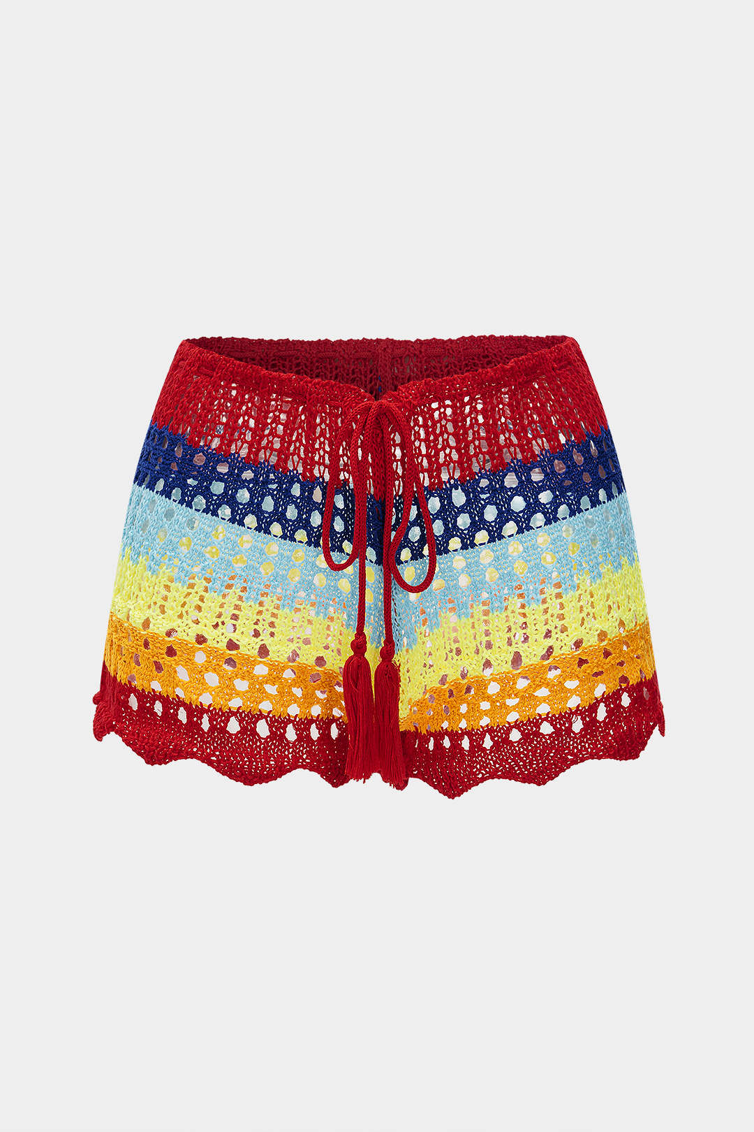 Contrasting Knit Hollow-Out Drawstring Shorts