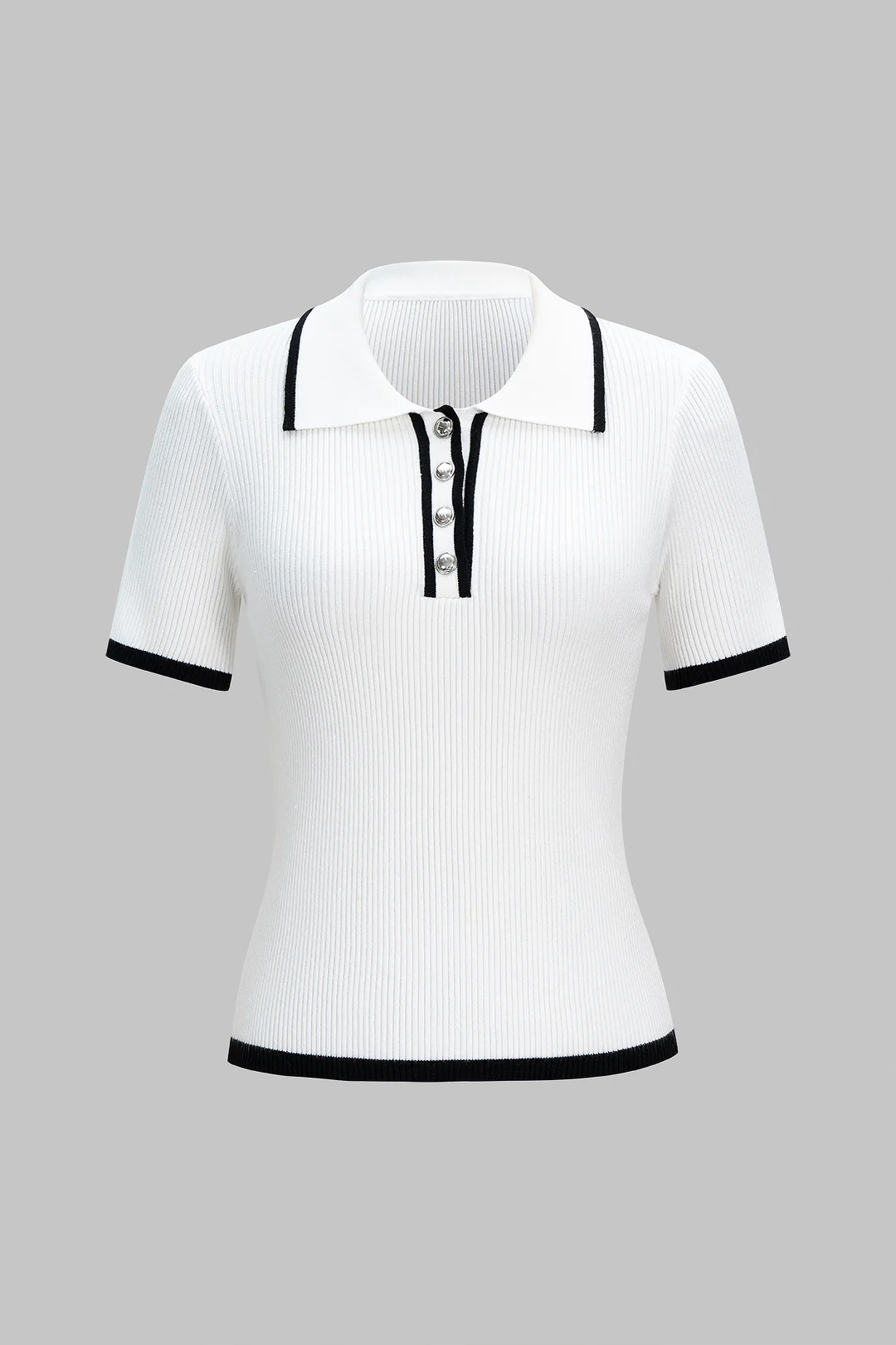 Knit Button Contrast Short-Sleeve Top
