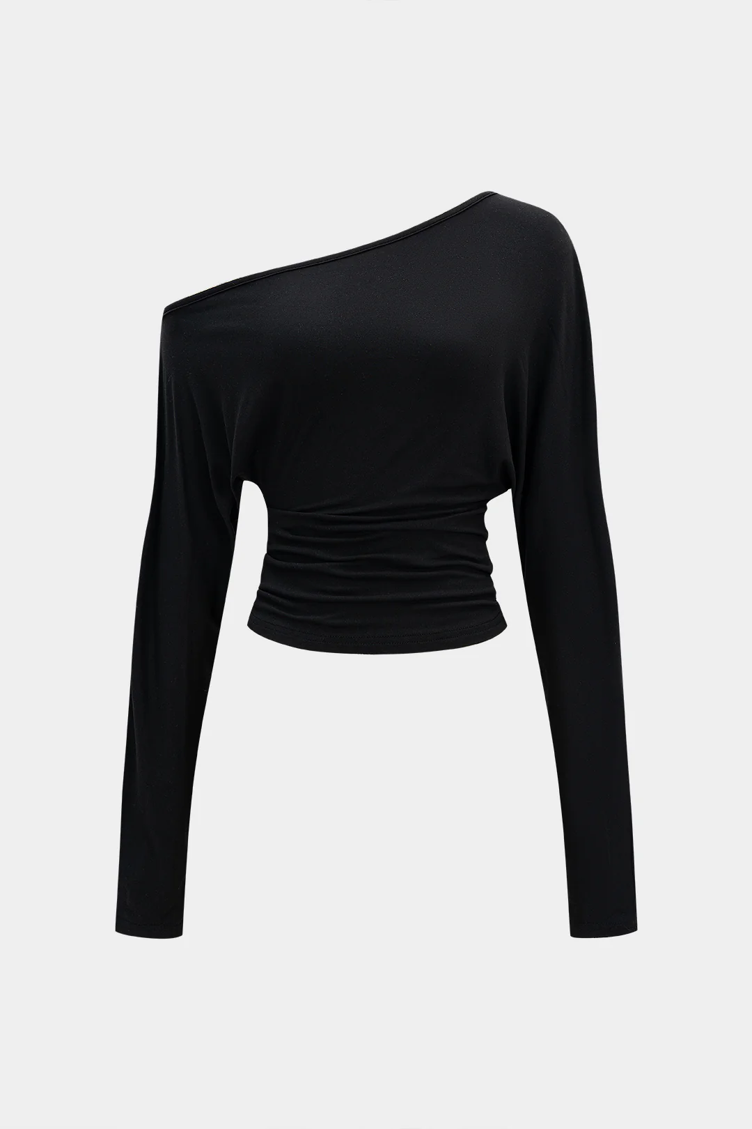 Cut-Out Asymmetric Neck Ruched Long-Sleeve Top