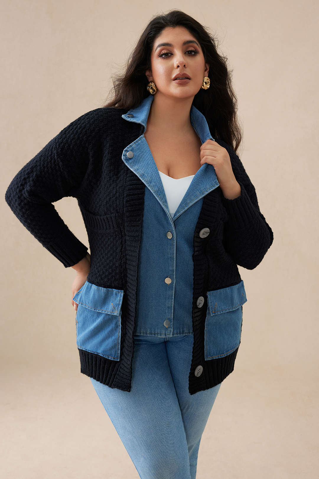 Plus Size Sweater Button Denim Patchwork Cardigan
