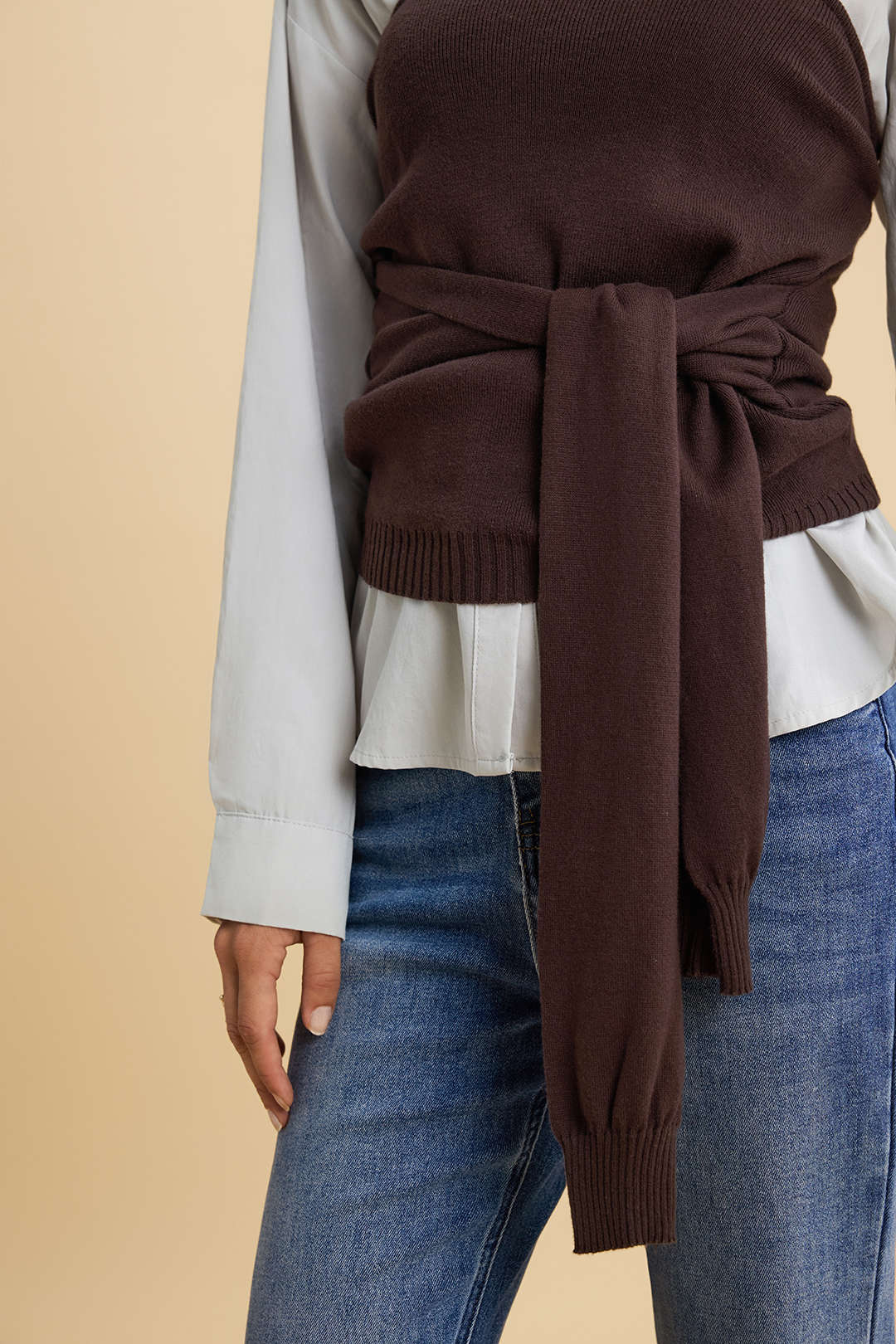 Solid Patchwork Knit Front-Tie Long Sleeve Top