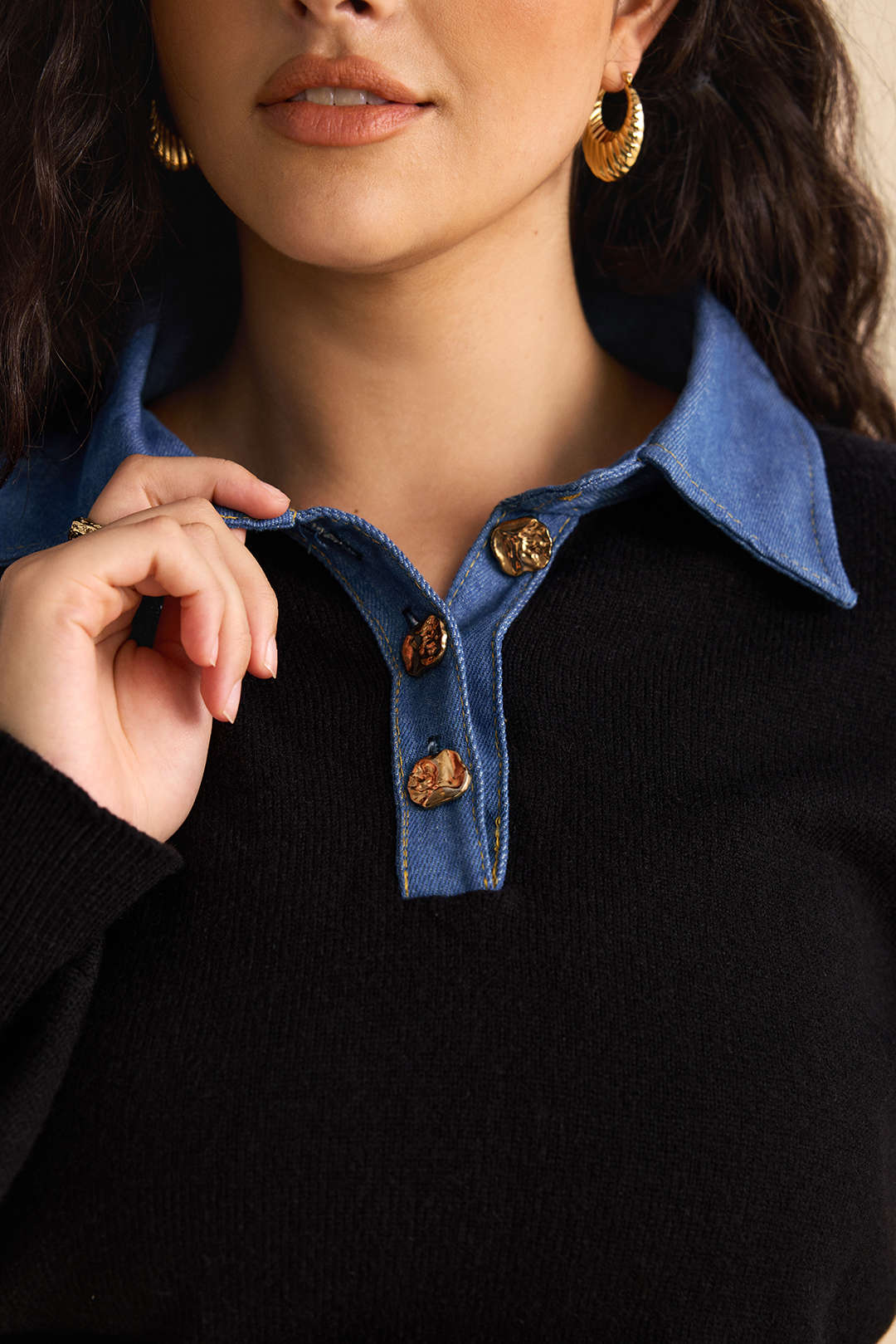 Plus Size Knit Metallic Button Patchwork Long-Sleeve Top