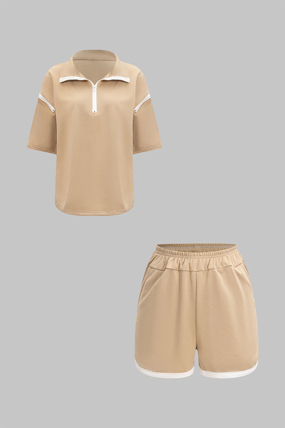 Contrasting Zipper Short Sleeve Shirt and Ruched Shorts Outfit Set