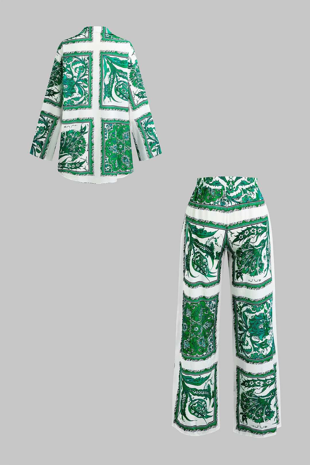 Tropical Branches Floral Print Satin Long-Sleeve Top And Shirred Waistband Trousers Set