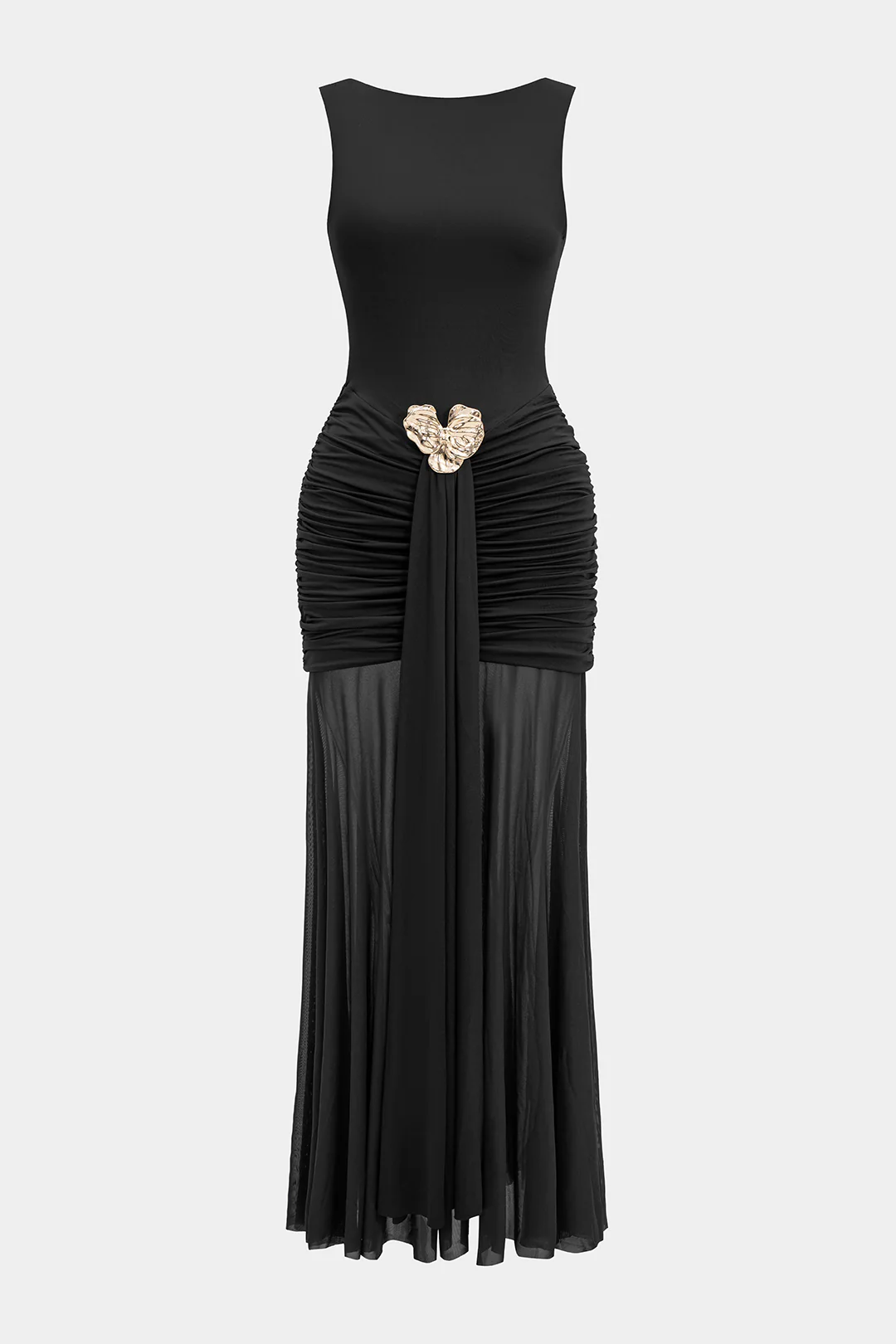 Mesh Metallic Decorated Ruched Backless Sleeveless Maxi Dress