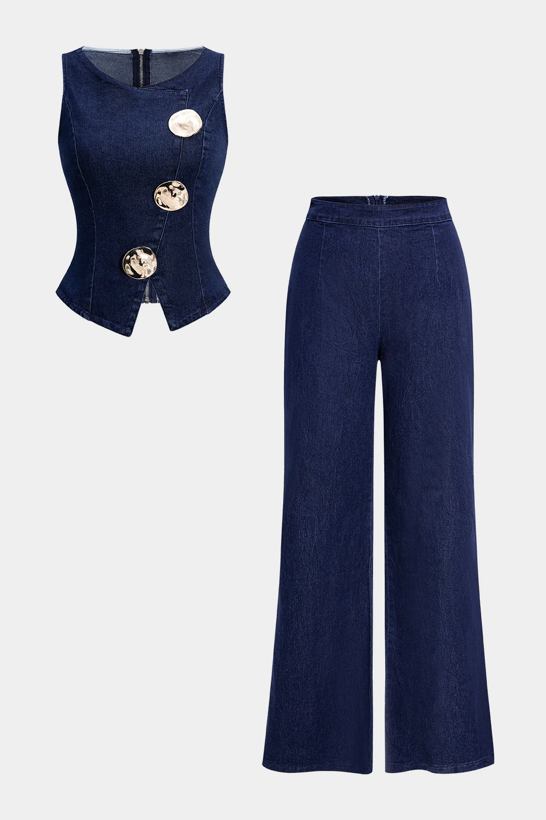 Denim Metallic Decor Tank Top And Zipper Jeans Suit