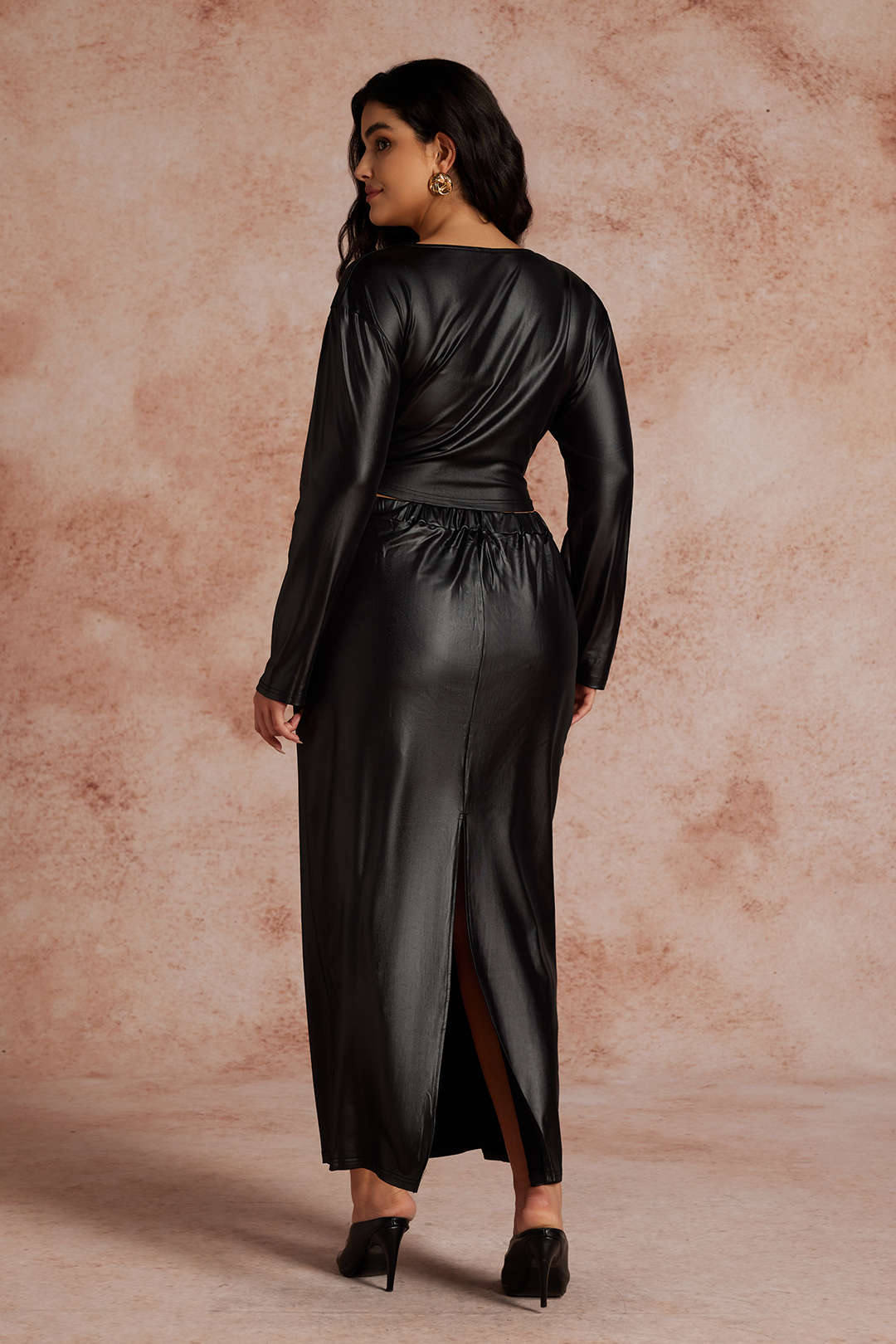 Plus Size Solid Pu Leather Zipper Long Sleeve V-Neck Shirt And Skirt Set