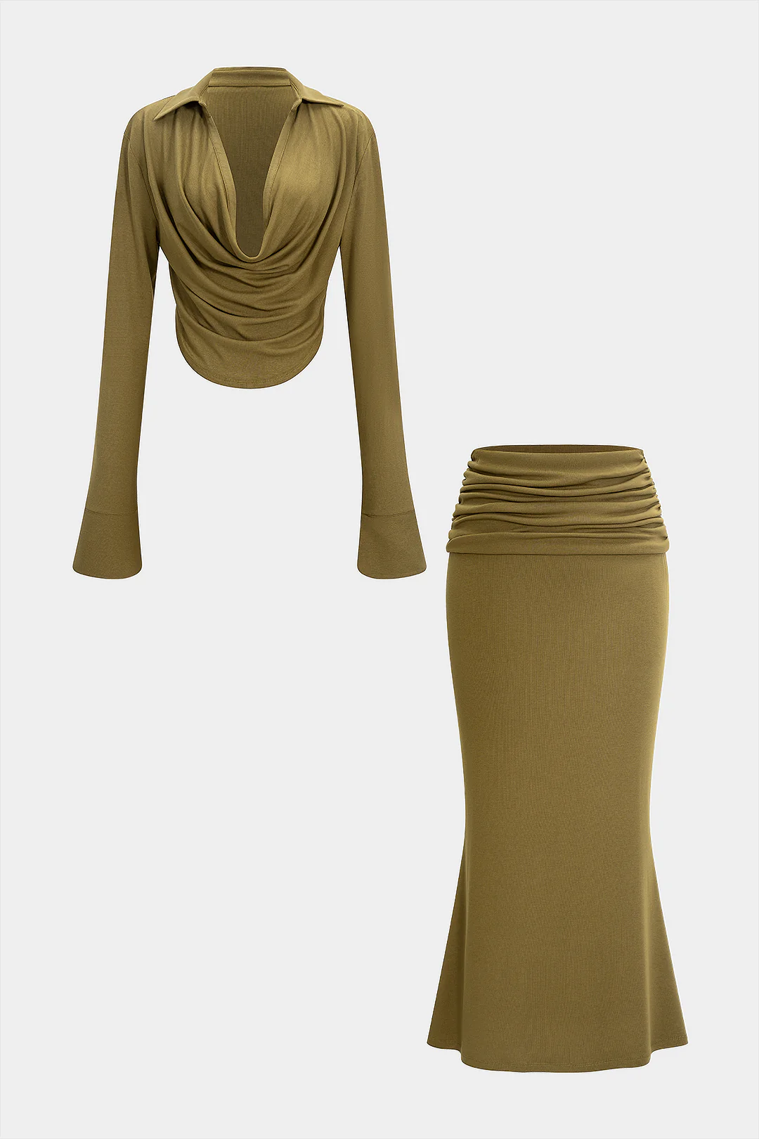 Draped Cowl Neck Long-Sleeve Top And Ruched Skirt Set
