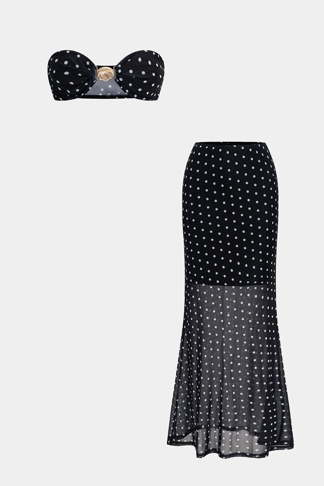 Polka Dot Print Metallic Decor Tube Top and Cut-Out Skirt Set