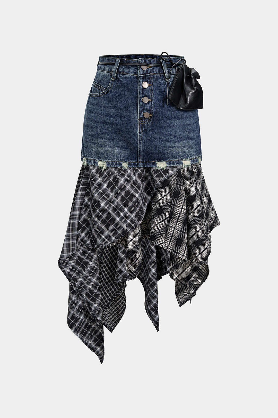 Denim Plaid Print Patchwork Asymmetrical Hem Skirt