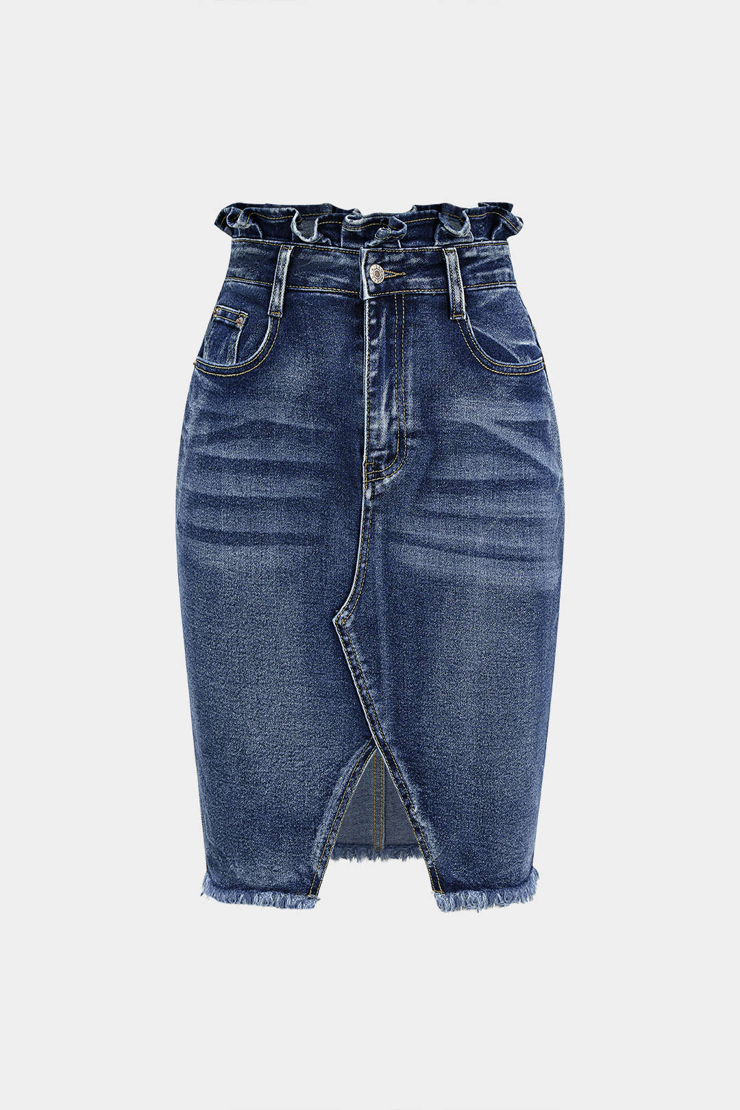 Denim Ruffle Asymmetrical Frayed Skirt