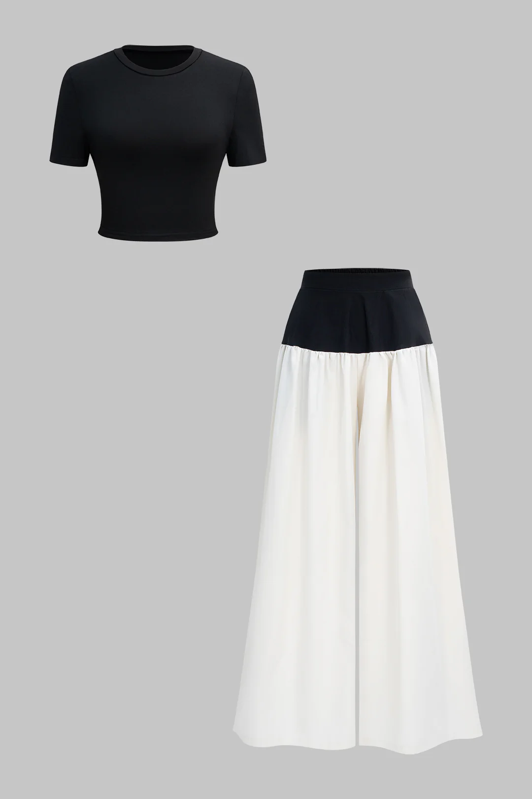 Solid Short Sleeve T-Shirt and Contrast Ruched Wide-Leg Trousers Set