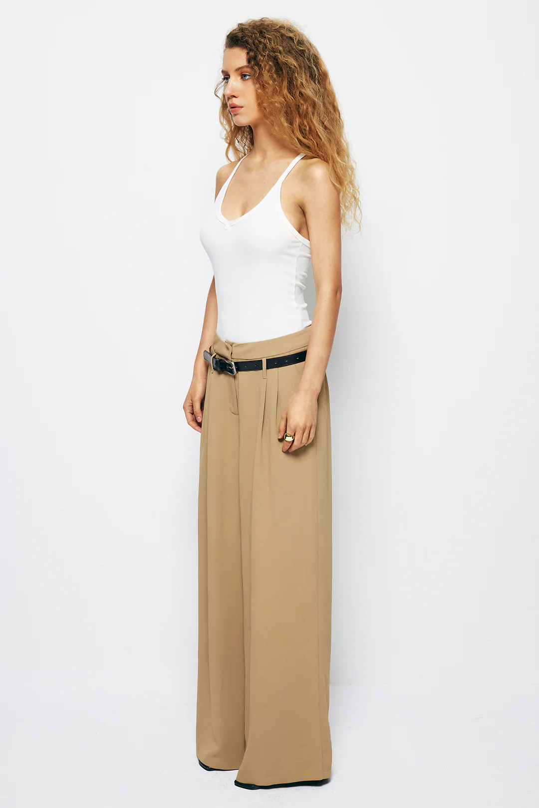 Ruched Wide-Leg Pants with Belt