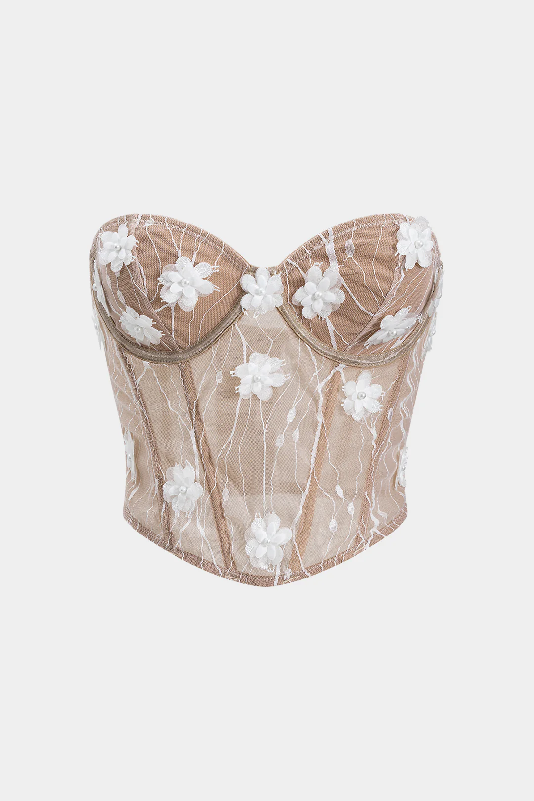 Mesh 3D Embroidered Floral Strapless Tube Top