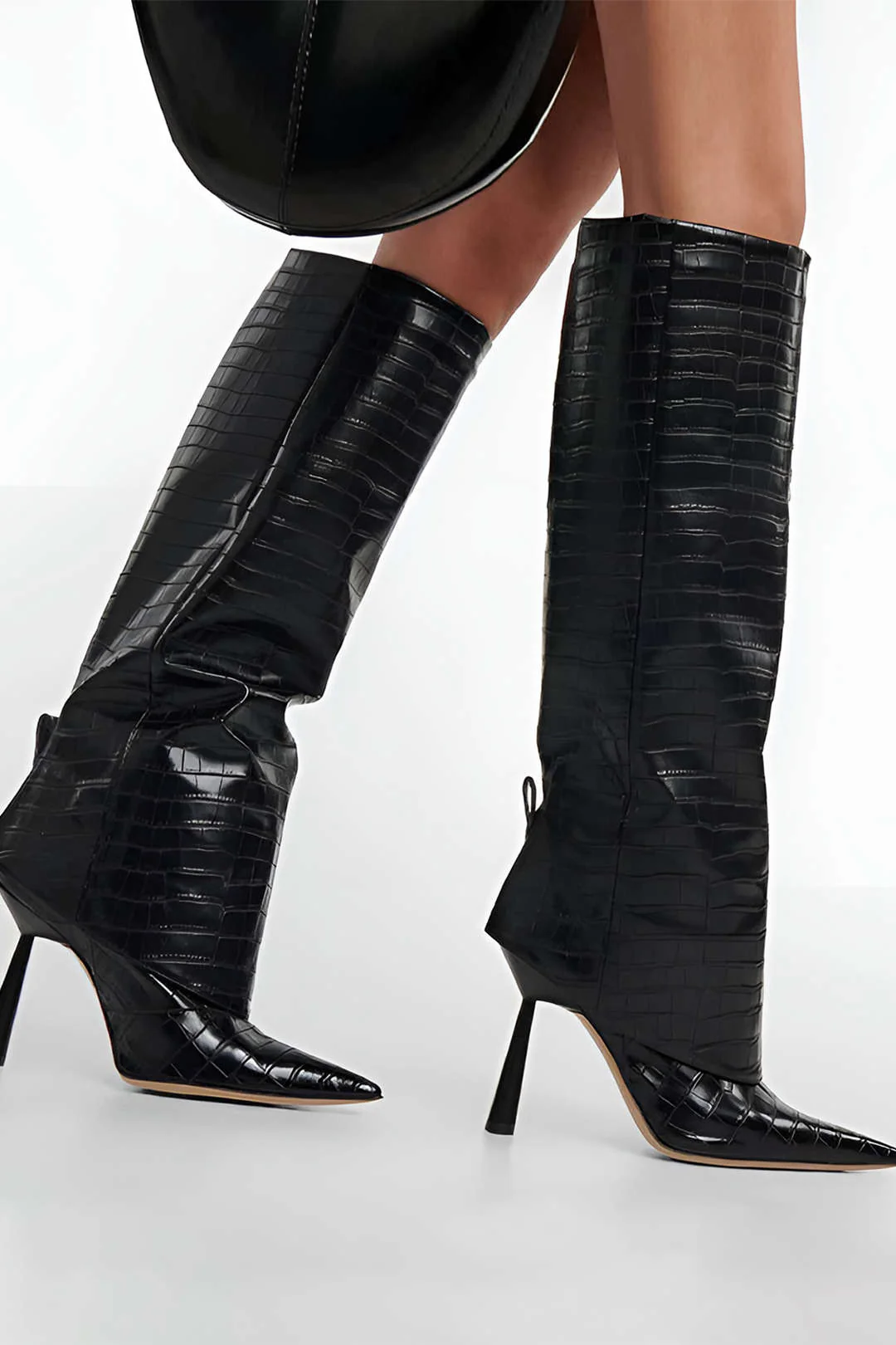 Faux Leather Stiletto Pointed Toe Knee-High Boots