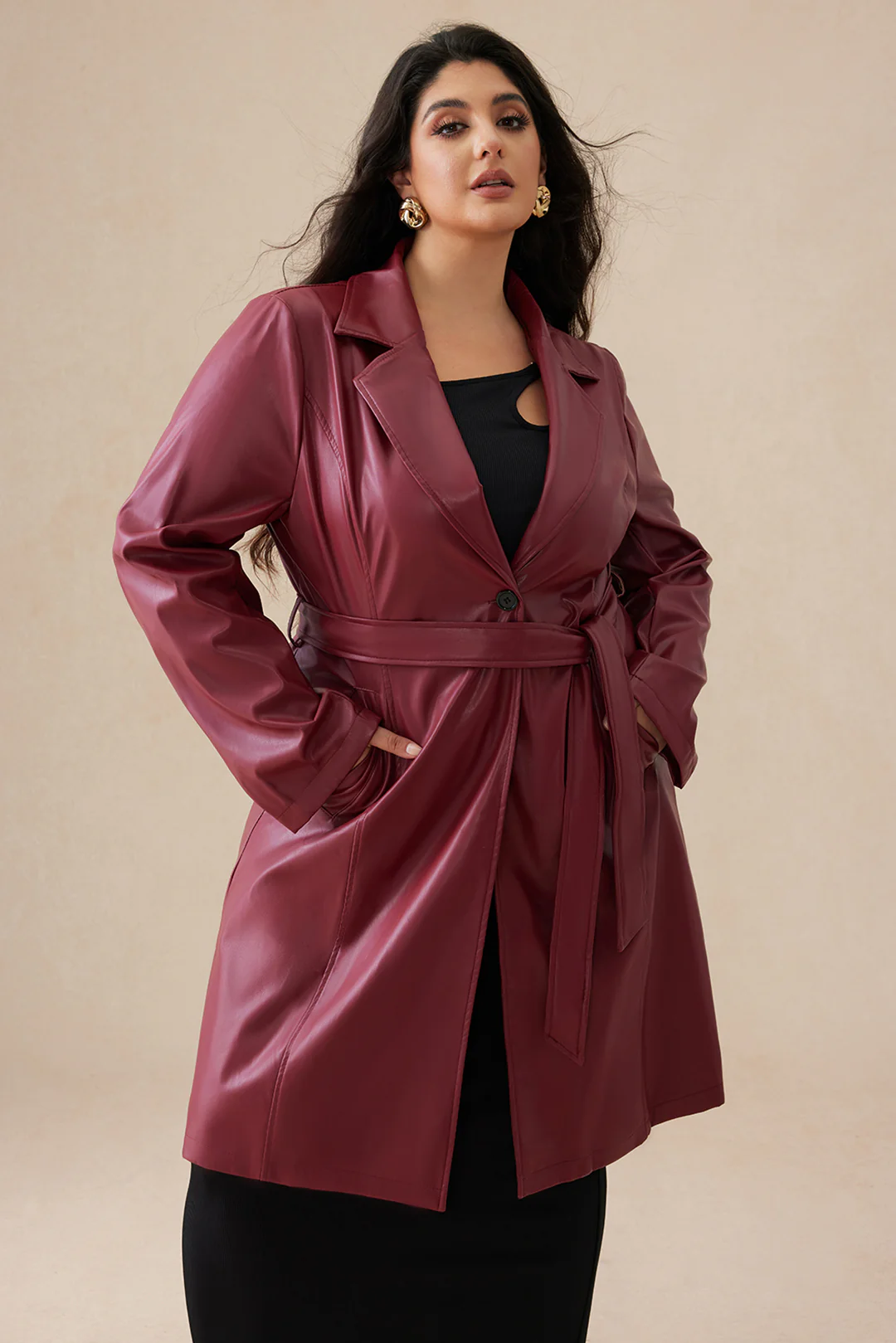 Plus Size Faux Leather Button-Tied Long Coat