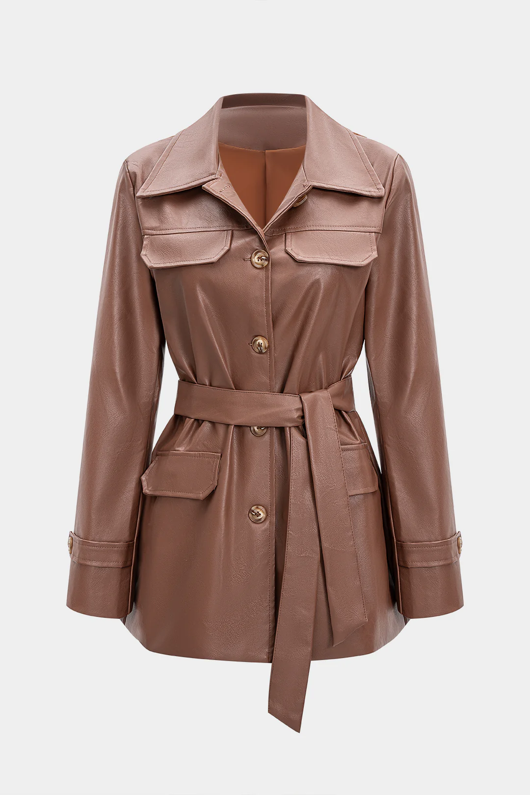 Faux Leather Button Belted Jacket