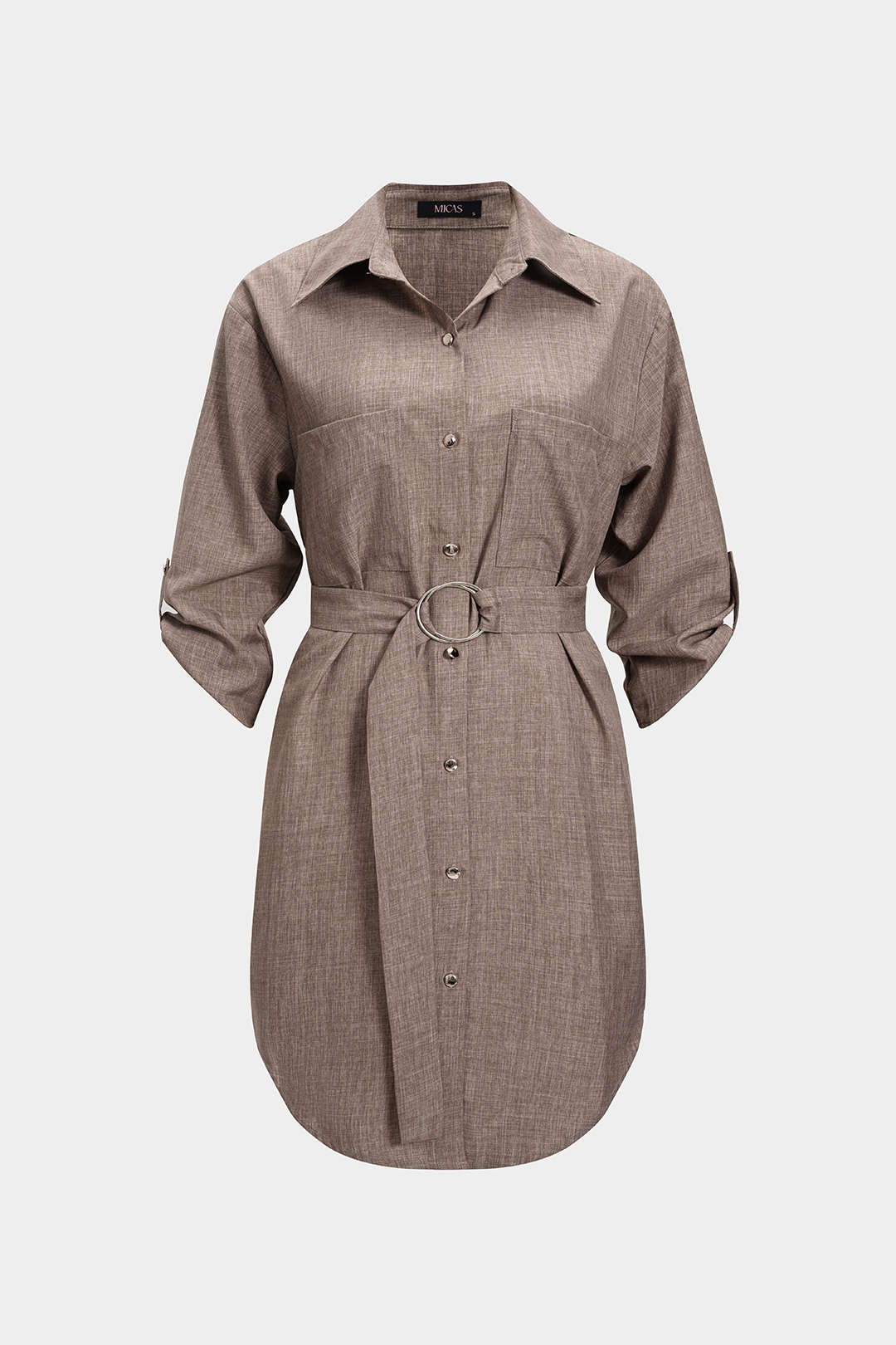 Buttoned V-Neck Belted Mini Dress