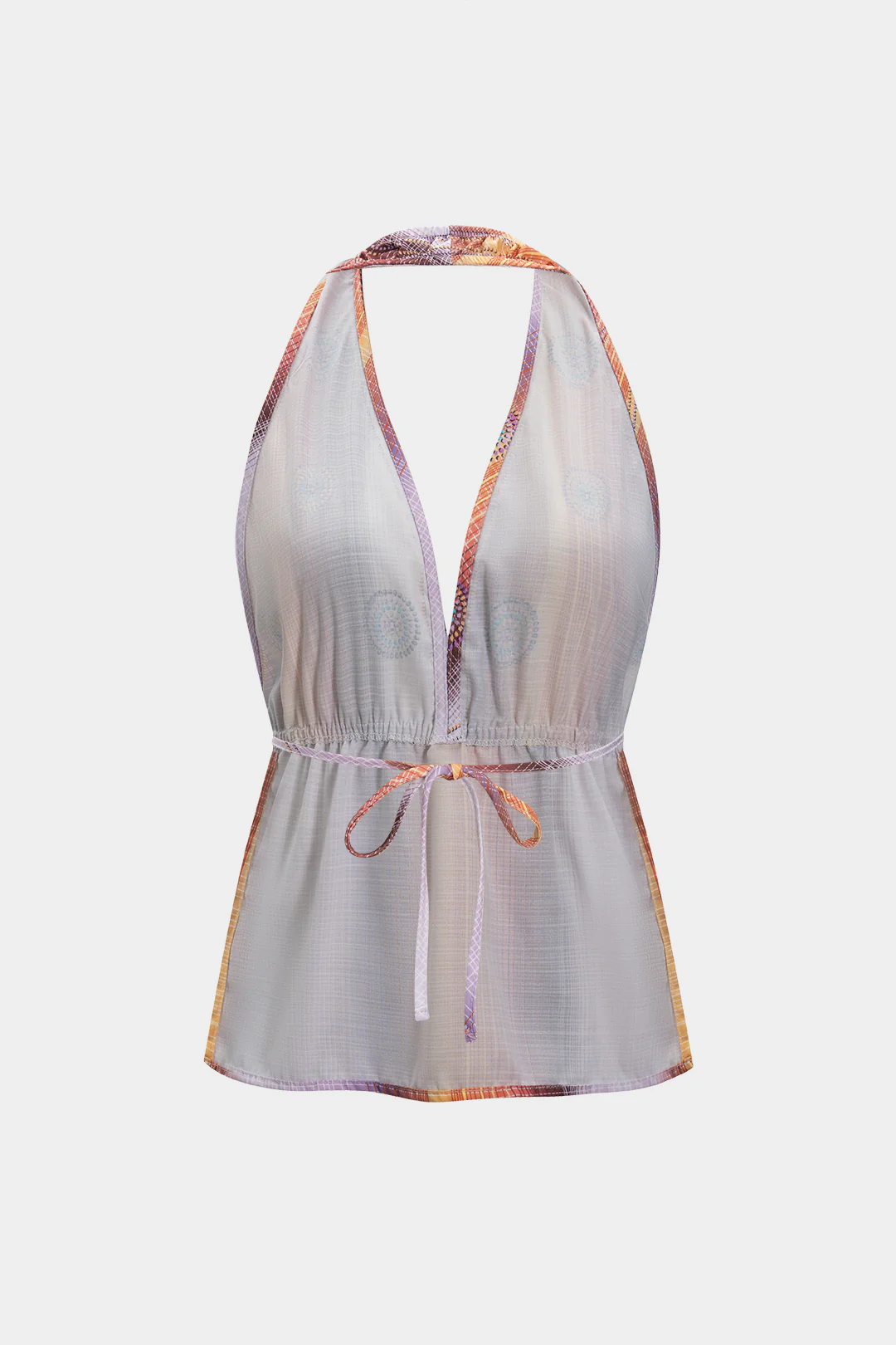 Stripe Print V-Neck Halter Neck Backless Tie-Up Tank Top