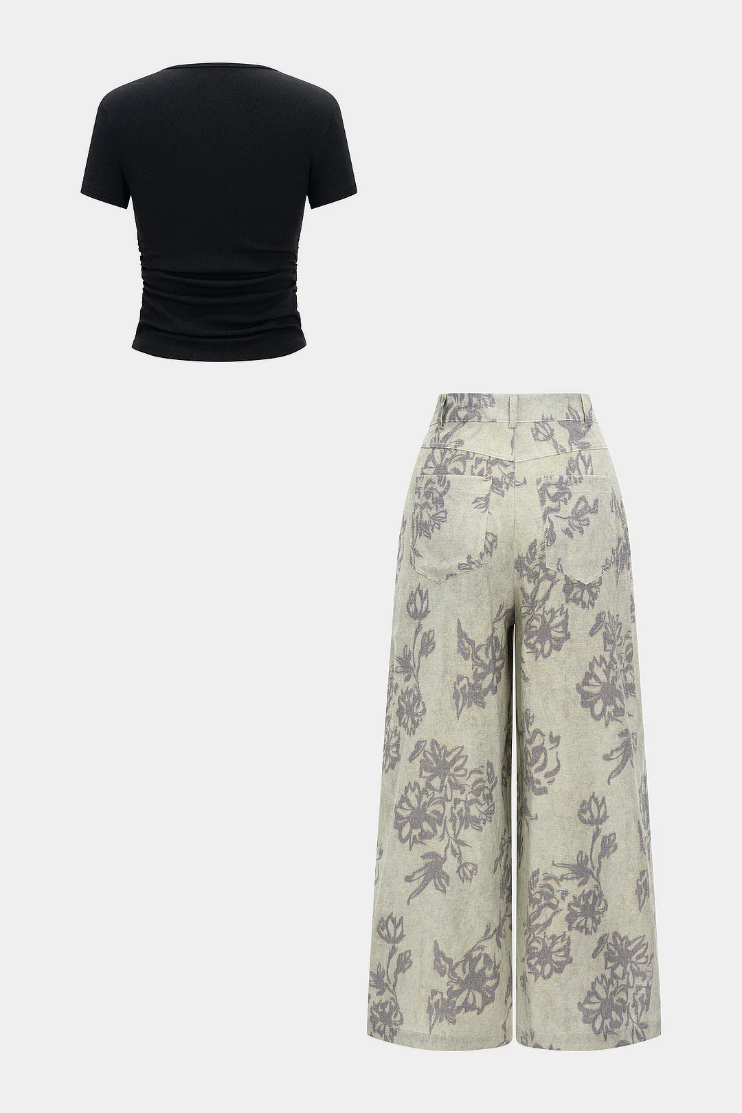 V Neck Beaded Tank Top and Floral Print Trousers Ensemble