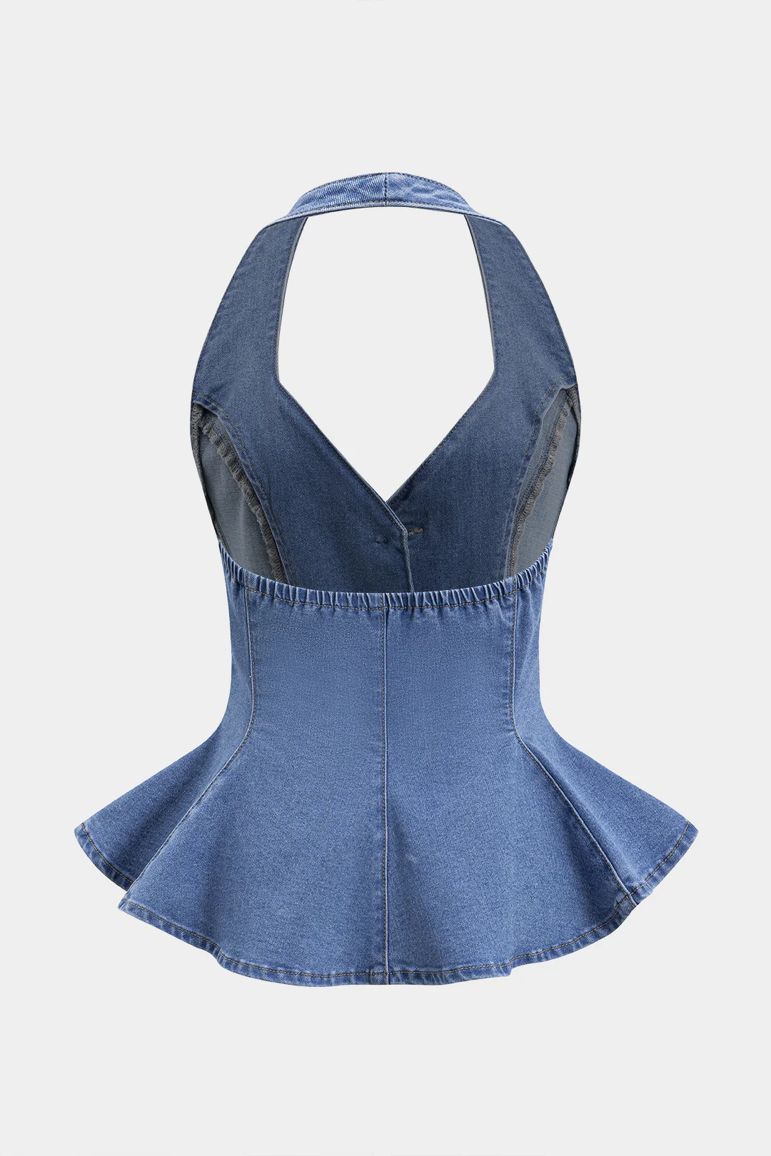 Denim Ruched Button Backless Crop Top