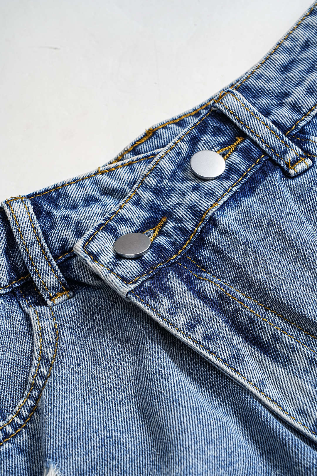 Denim Asymmetric Ripped Button-Pocket Shorts