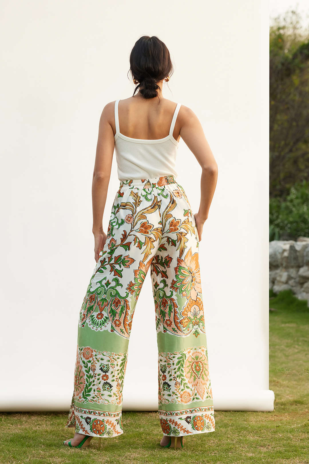 Floral Pattern Drawstring Split Wide-Leg Trousers
