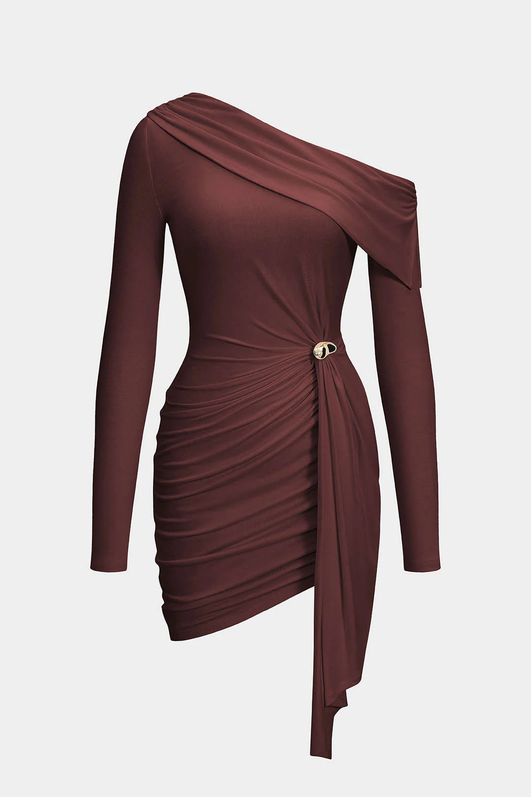 Metallic Ruched Single-Shoulder Long Sleeve Mid-Length Dress