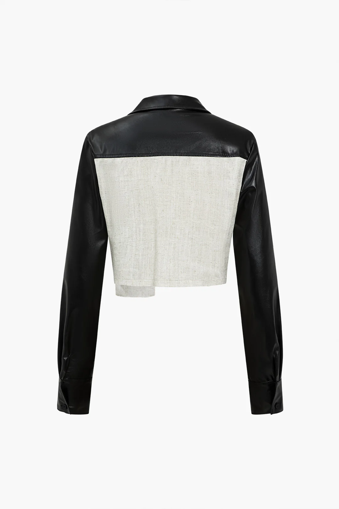 Solid Asymmetrical Faux Leather Patchwork Pocket Long Sleeve Top