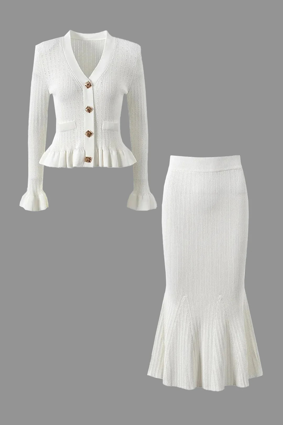 Solid Knit Buttoned Top and Ruffled Mermaid Skirt Set