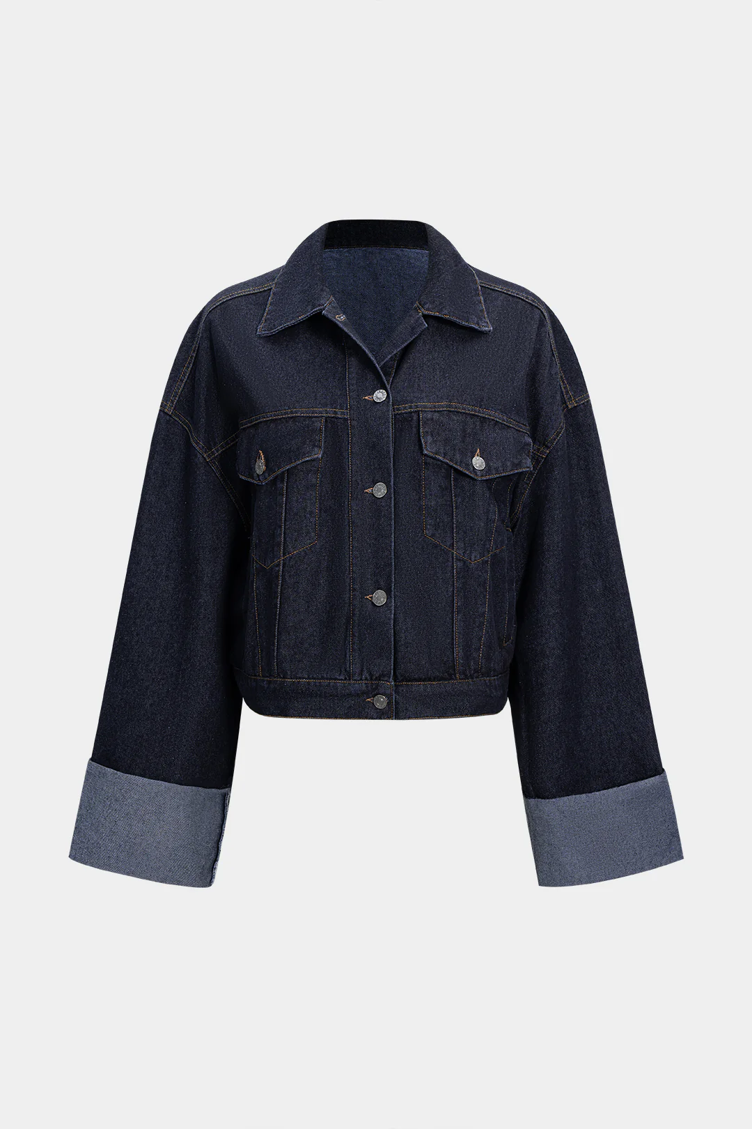 Denim Button Pocket Cuffed Long-Sleeve Top