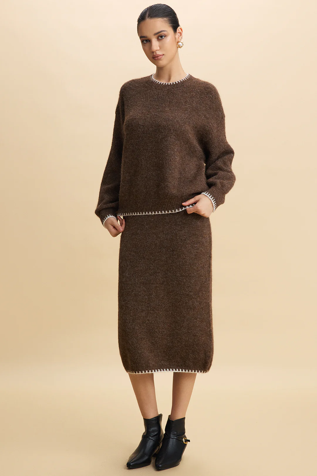 Knit Contrast Whipstitching Long-Sleeve Top And Skirt Set