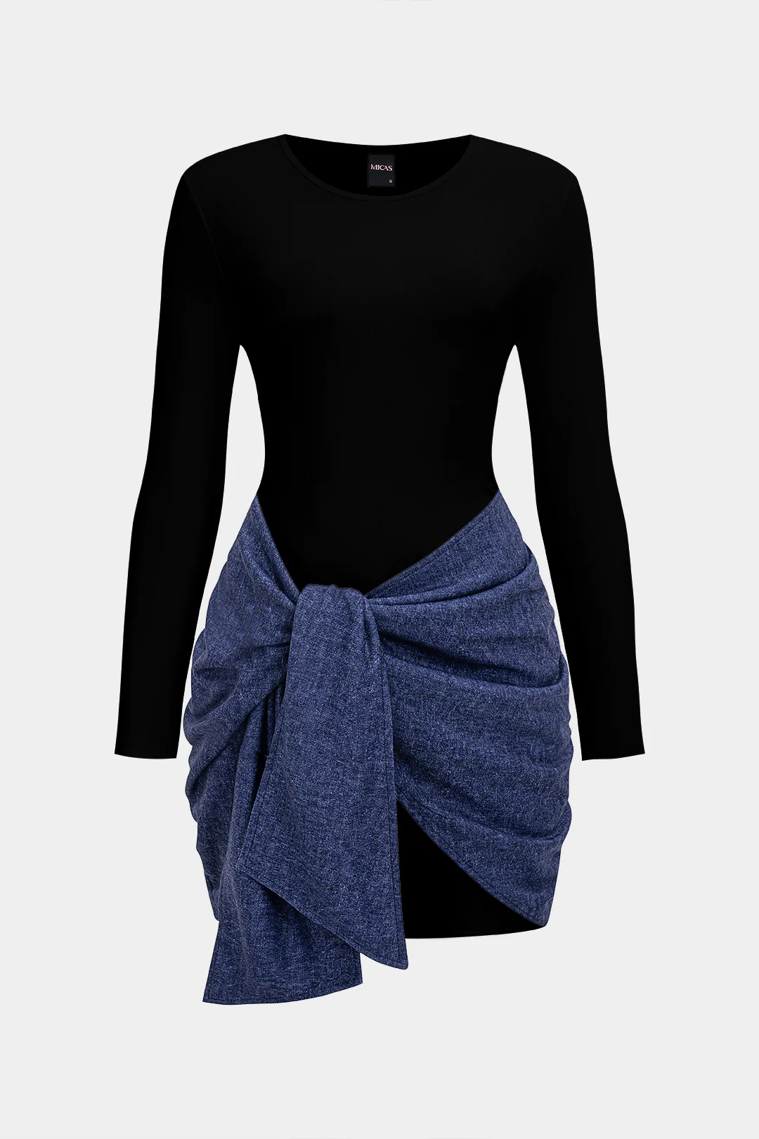 Tie Knot Patchwork Long-Sleeve Mini Dress