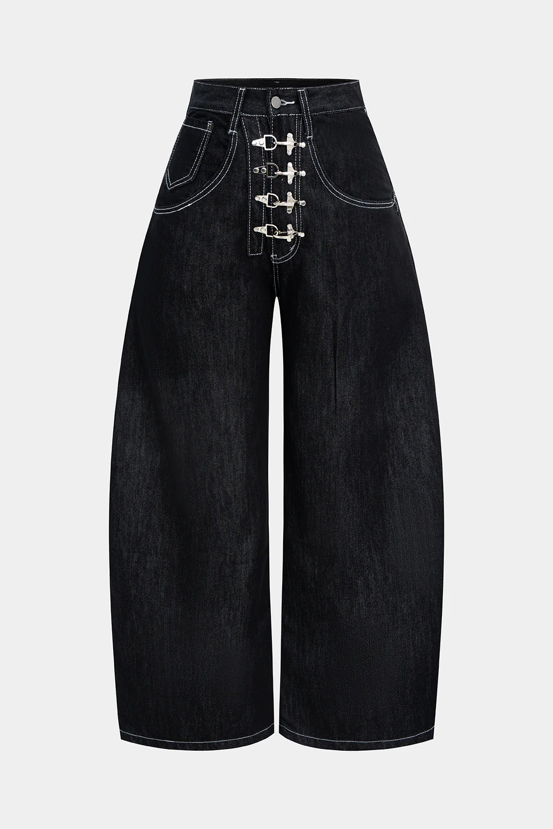 Denim Contrast Whipstitching Metallic Buckle Wide Leg Barrel Jeans