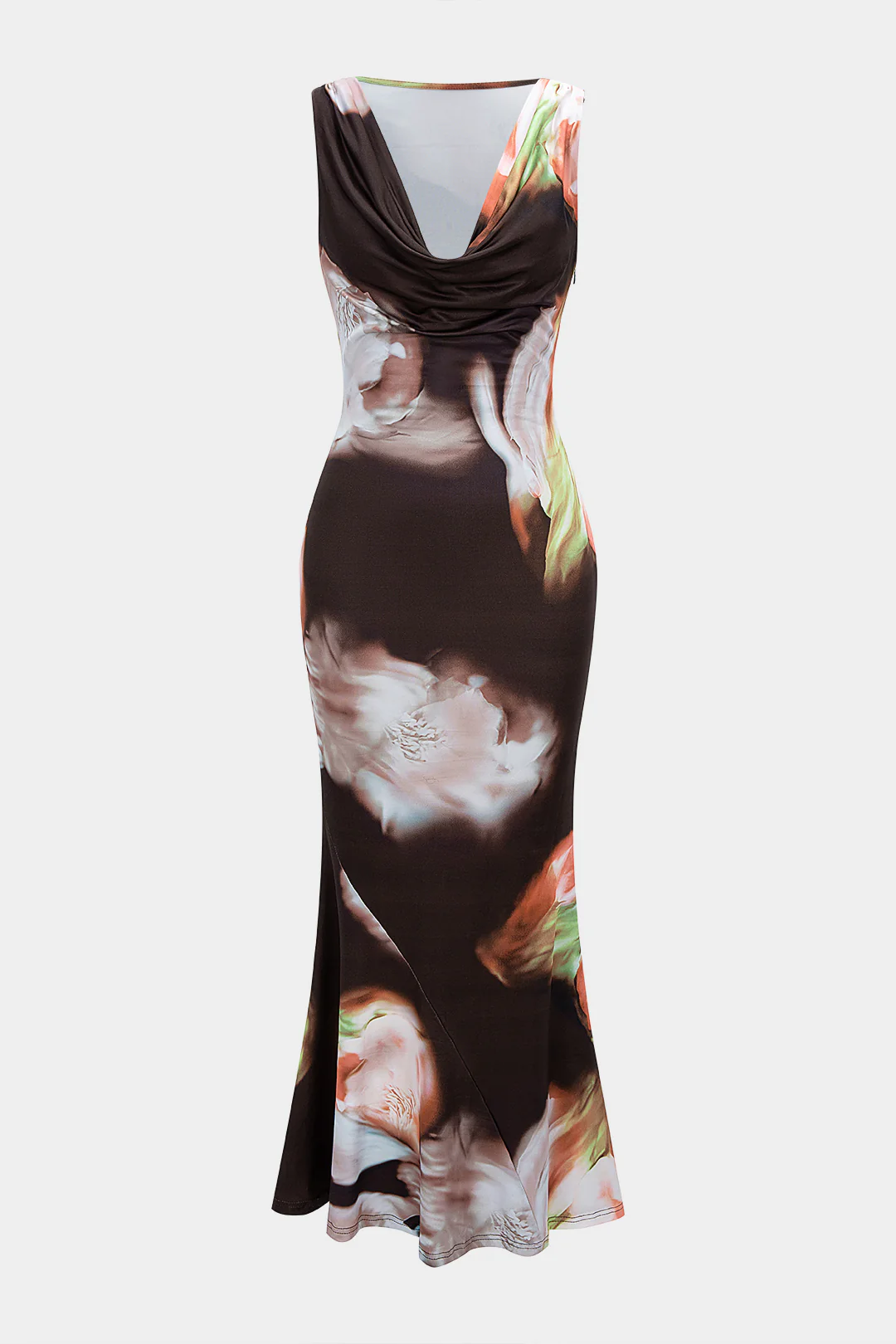 Floral Print Cowl Neck Sleeveless Maxi Dress with Draped Design