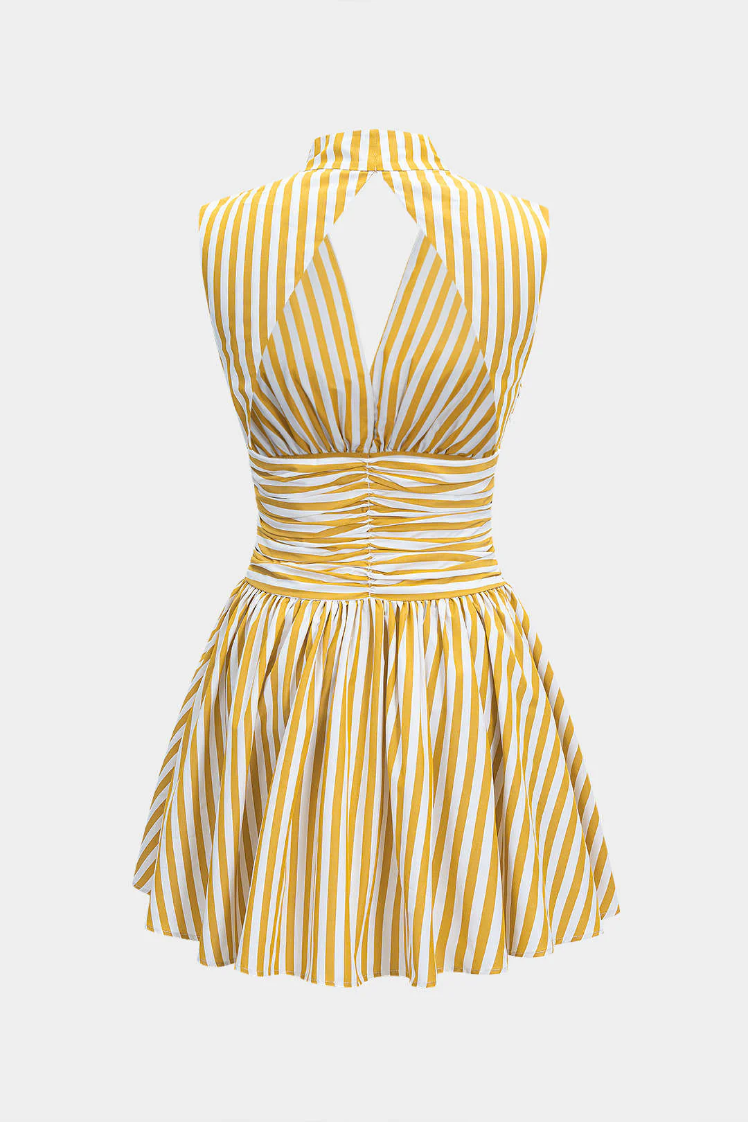 Stripes Print Halter Neck Shirred Backless Sleeveless Mini Dress