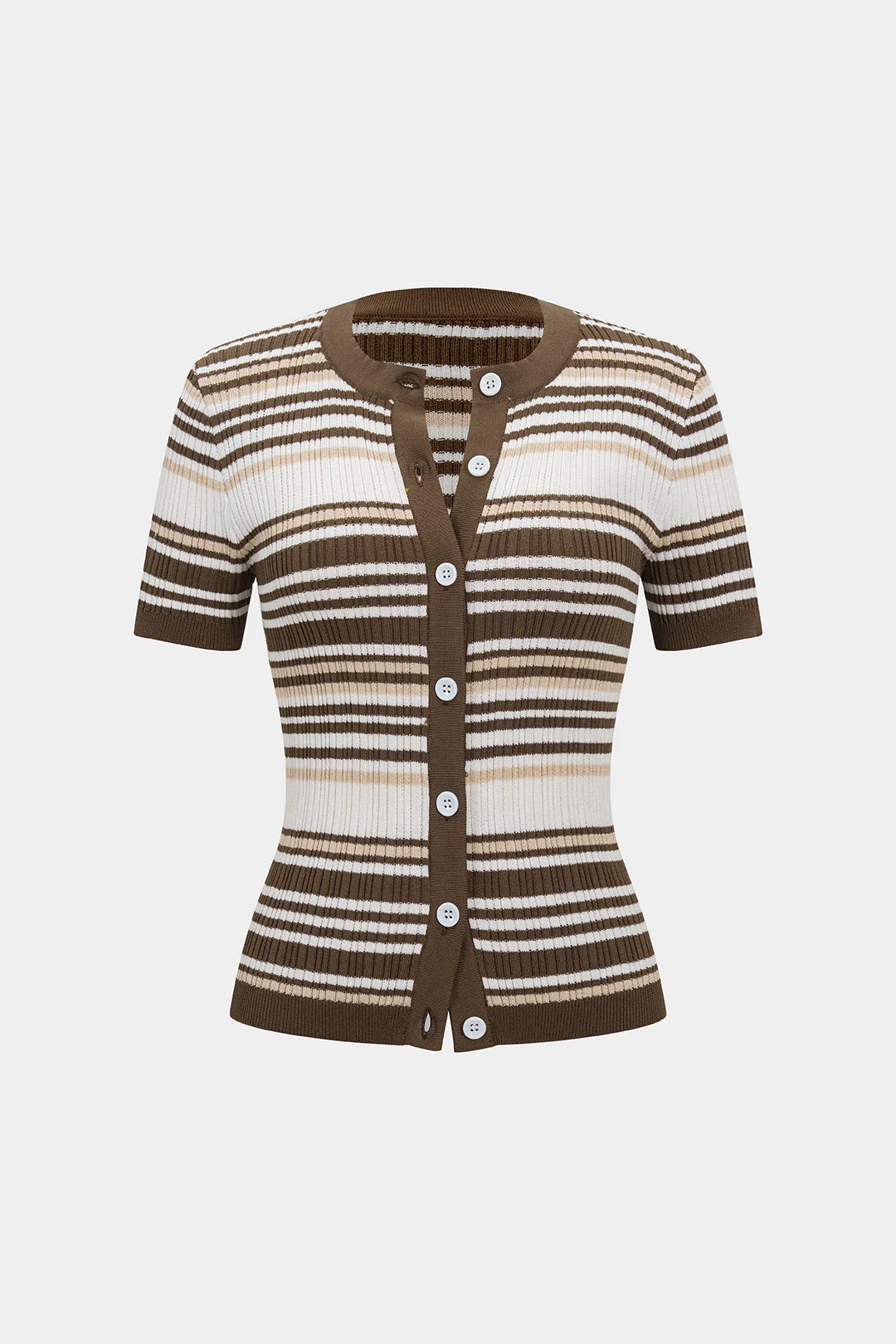 Knit Contrasting Striped Button Short-Sleeve Top