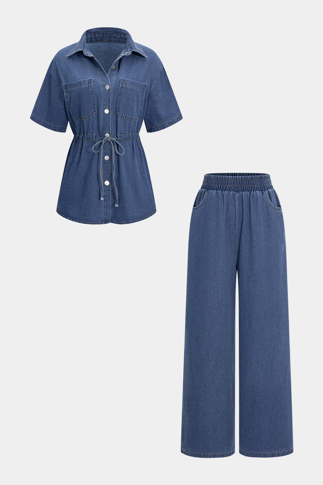 Denim Drawstring Button Top and Jeans Set