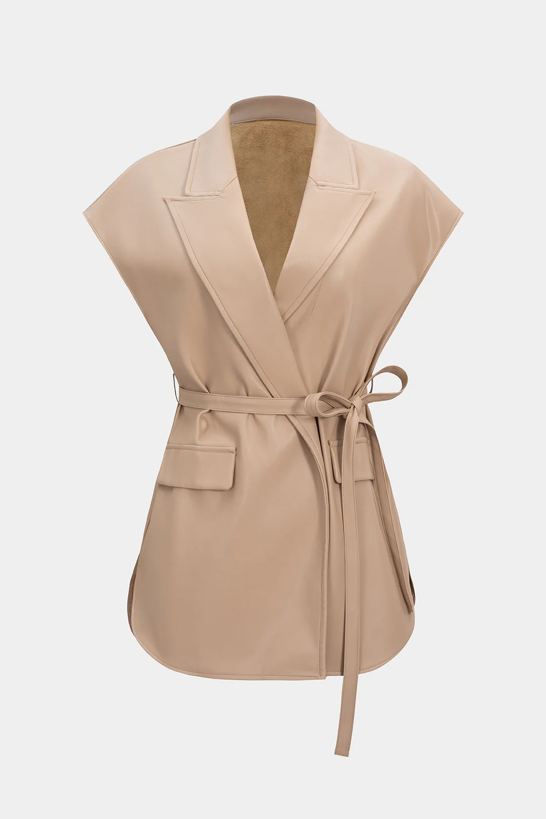 Faux Leather Tie-Up Notched Lapel Pocket Vest