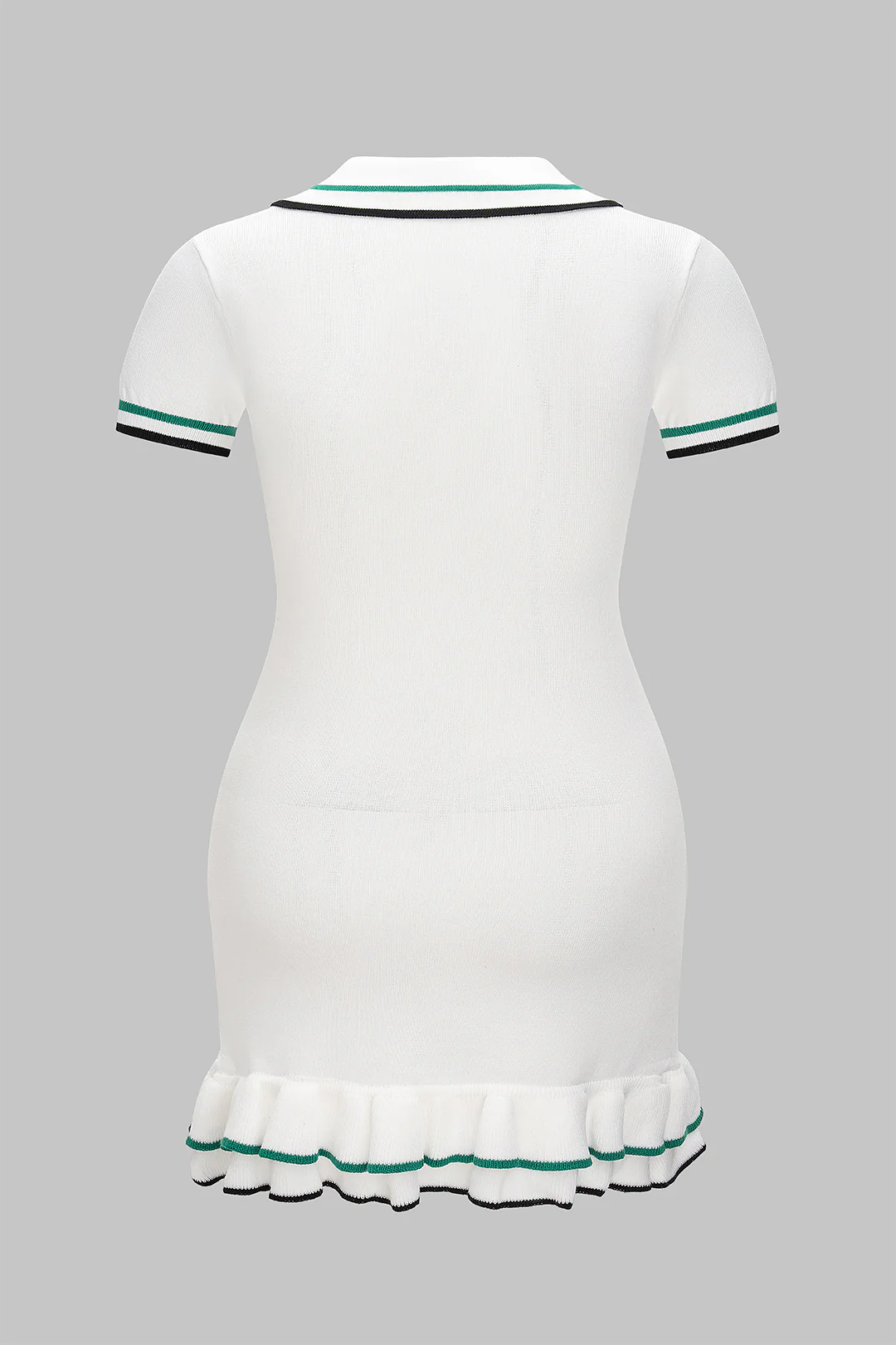 Plus Size Knitted Contrasting Ruffled Hem Button Short-Sleeve Dress