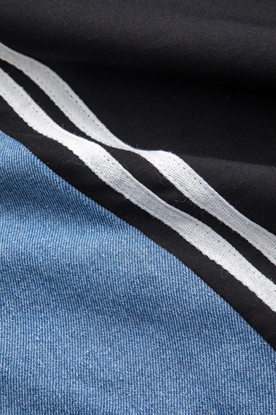 Denim Patchwork Round Neck Long Sleeve Top with Drawstring Pocket Trousers Set